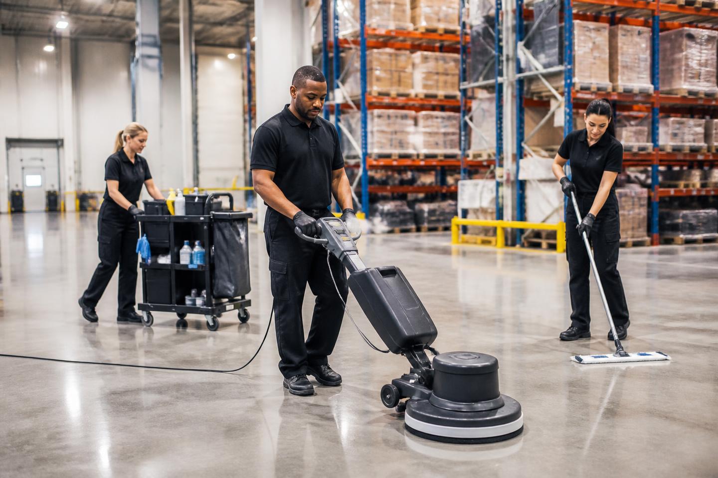 Professional cleaning team servicing a large warehouse