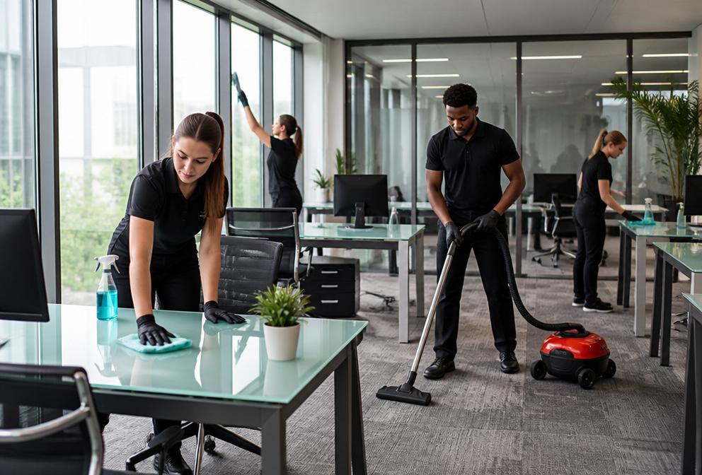 Office cleaning team wiping desks and vacuuming floors