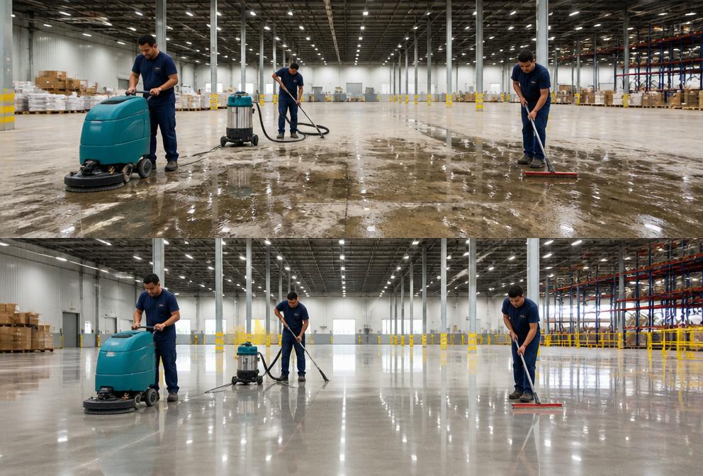 Warehouse floor cleaning and restoration before and after